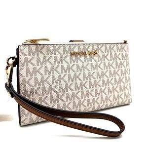 Michael Kors Large Double Zip Wallet Wristlet Vanilla/Brown